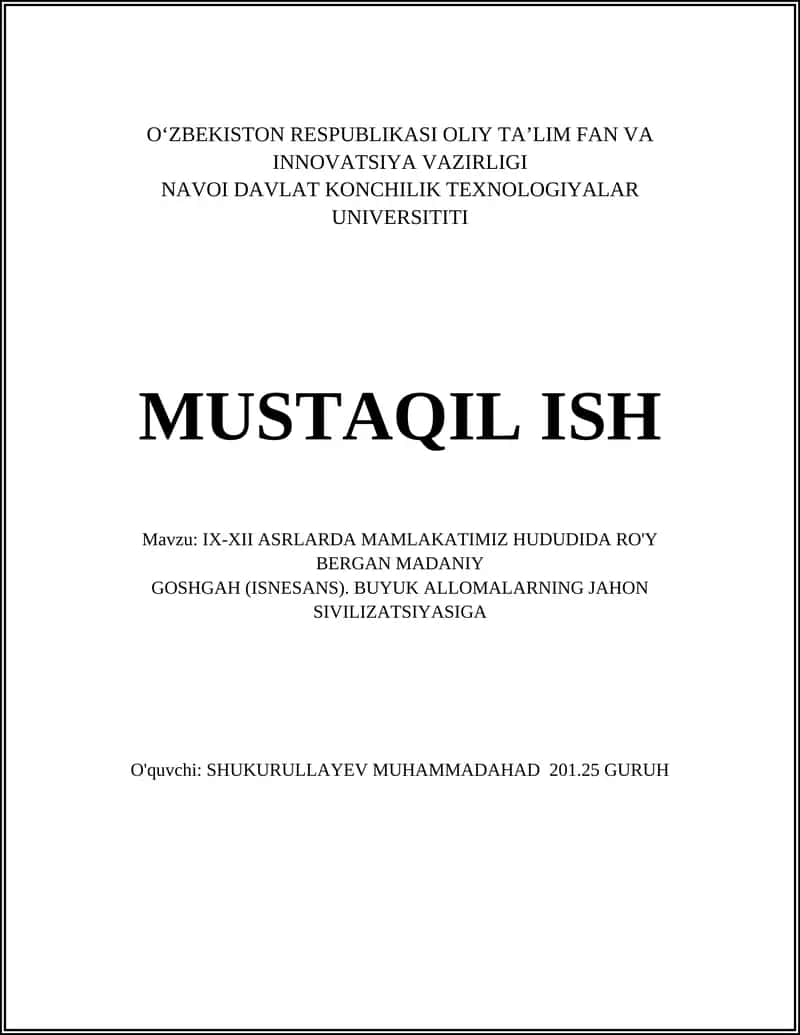 IX-XII ASRLARDA MAMLAKATIMIZ HUDUDIDA RO'Y BERGAN MADANIY GOSHGAH (ISNESANS) 1