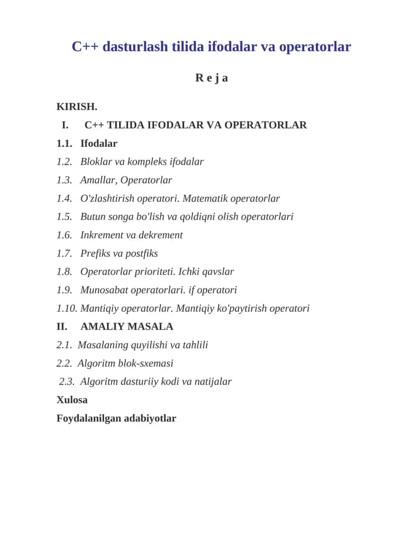 C++ tilida ifodalar va operatorlar 1