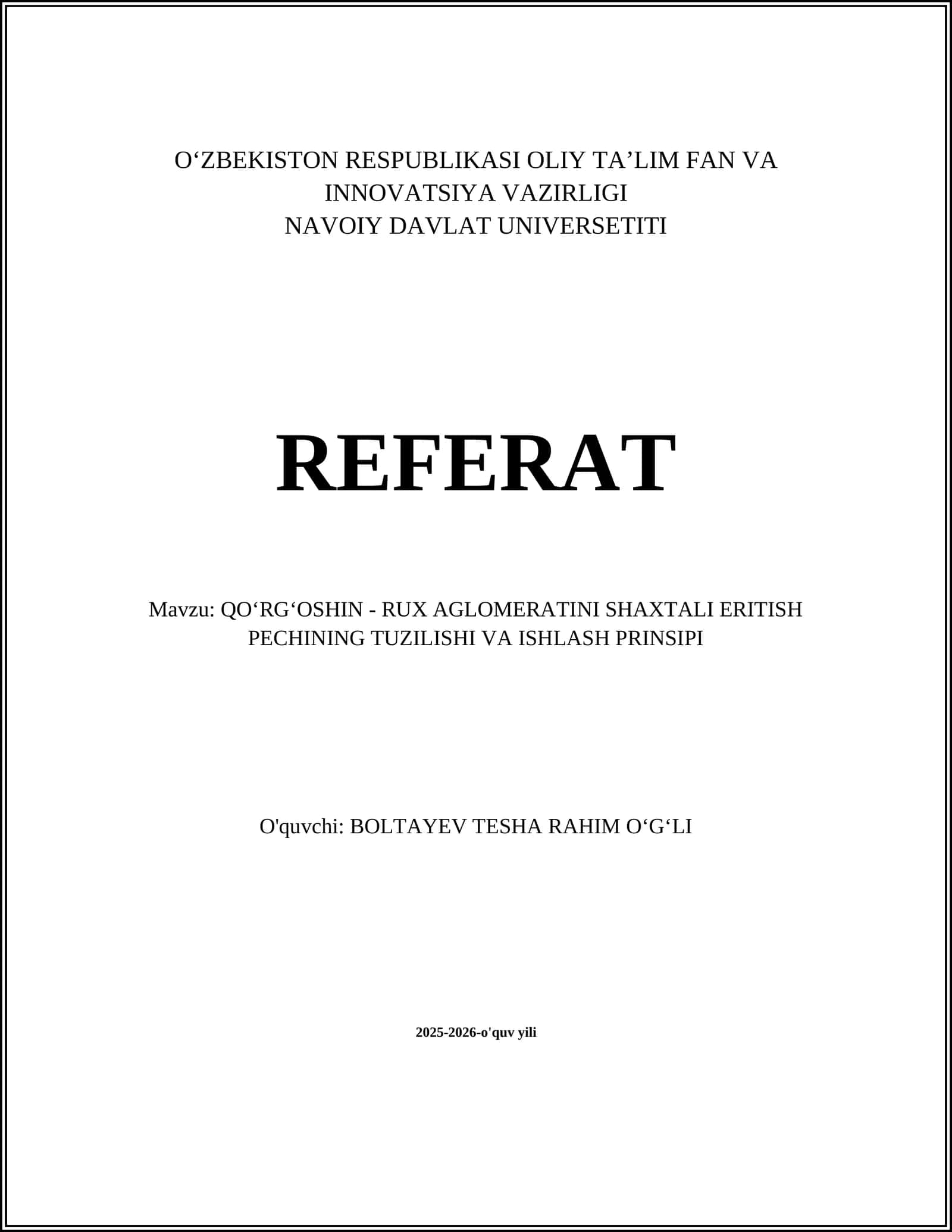 QOʻRGʻOSHIN - RUX AGLOMERATINI SHAXTALI ERITISH PECHINING TUZILISHI VA ISHLASH PRINSIPI 1