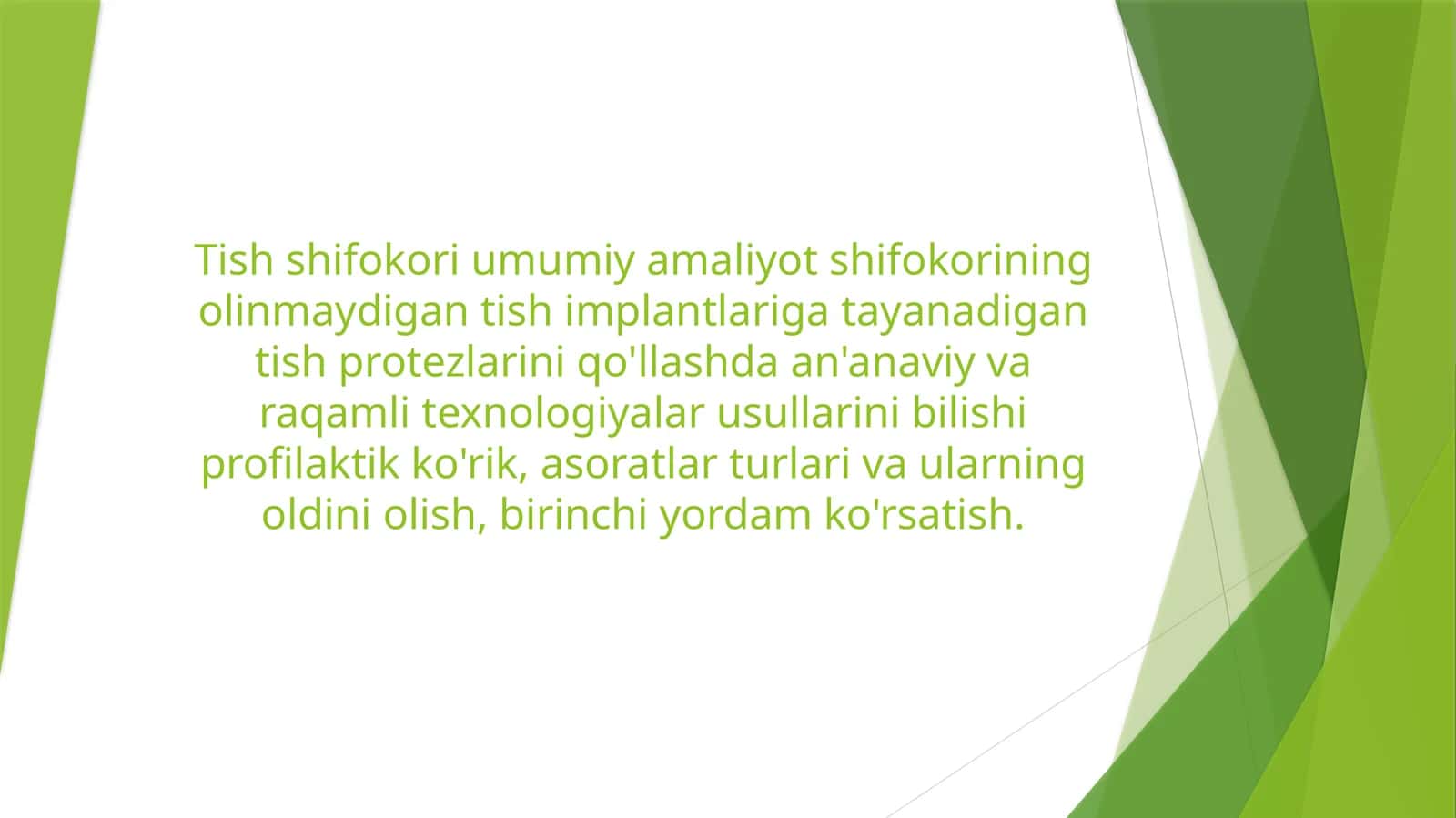 Tish shifokori umumiy amaliyot shifokorining olinmaydigan tish implantlariga tayanadigan tish protezlarini qo'llashda an'anaviy va raqamli texnologiyalar usullarini bilishi 1
