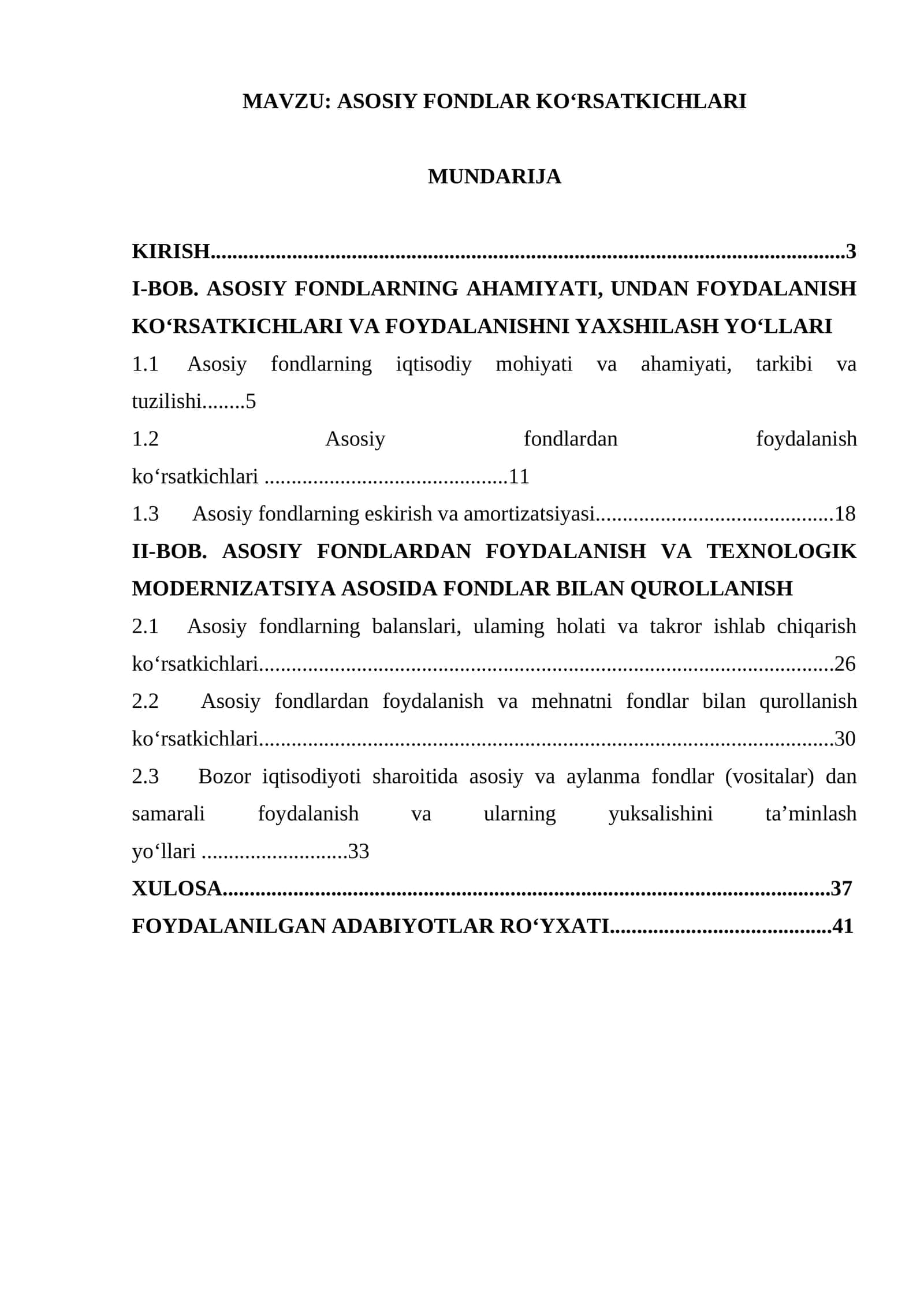 ASOSIY FONDLAR KO‘RSATKICHLARI KURS ISHI 1