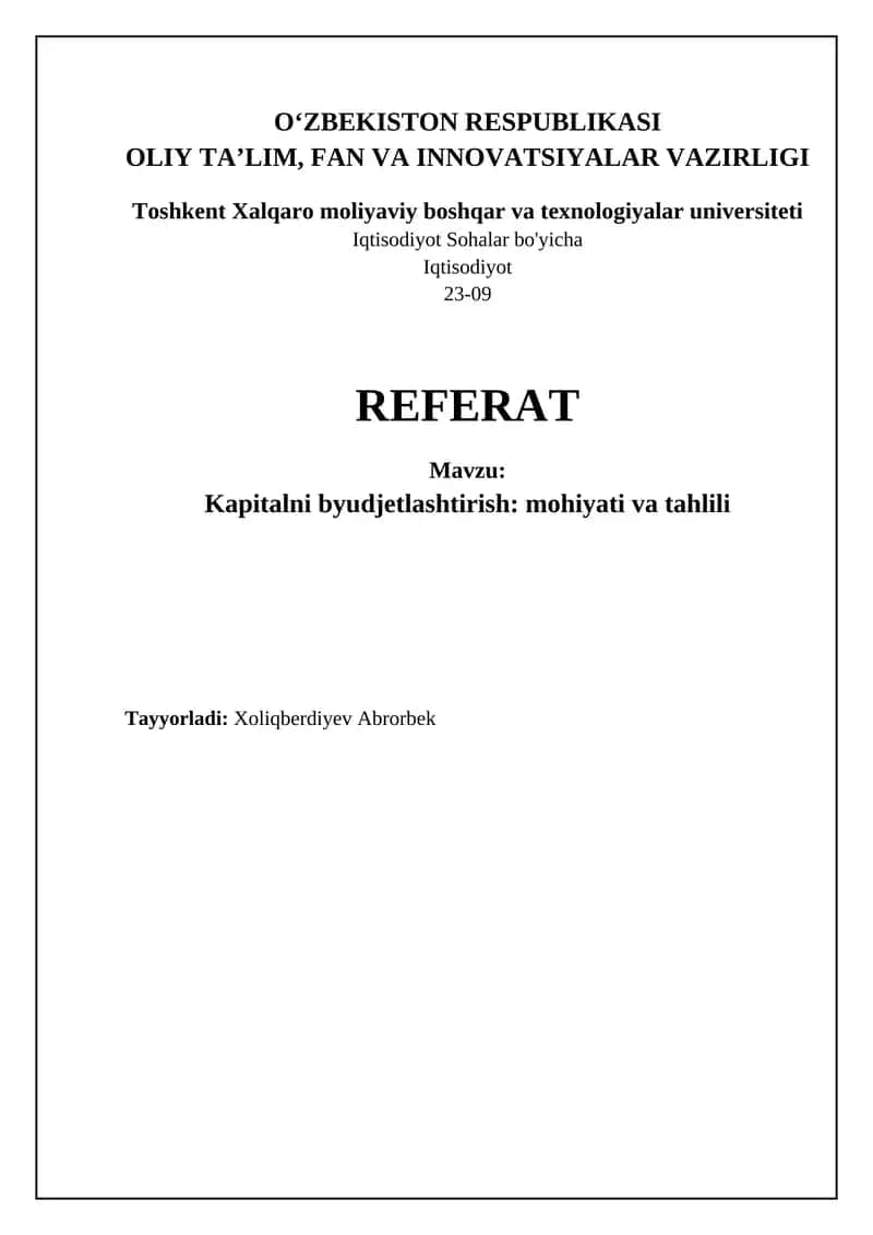 Kapitalni byudjetlashtirish: mohiyati va tahlili 1