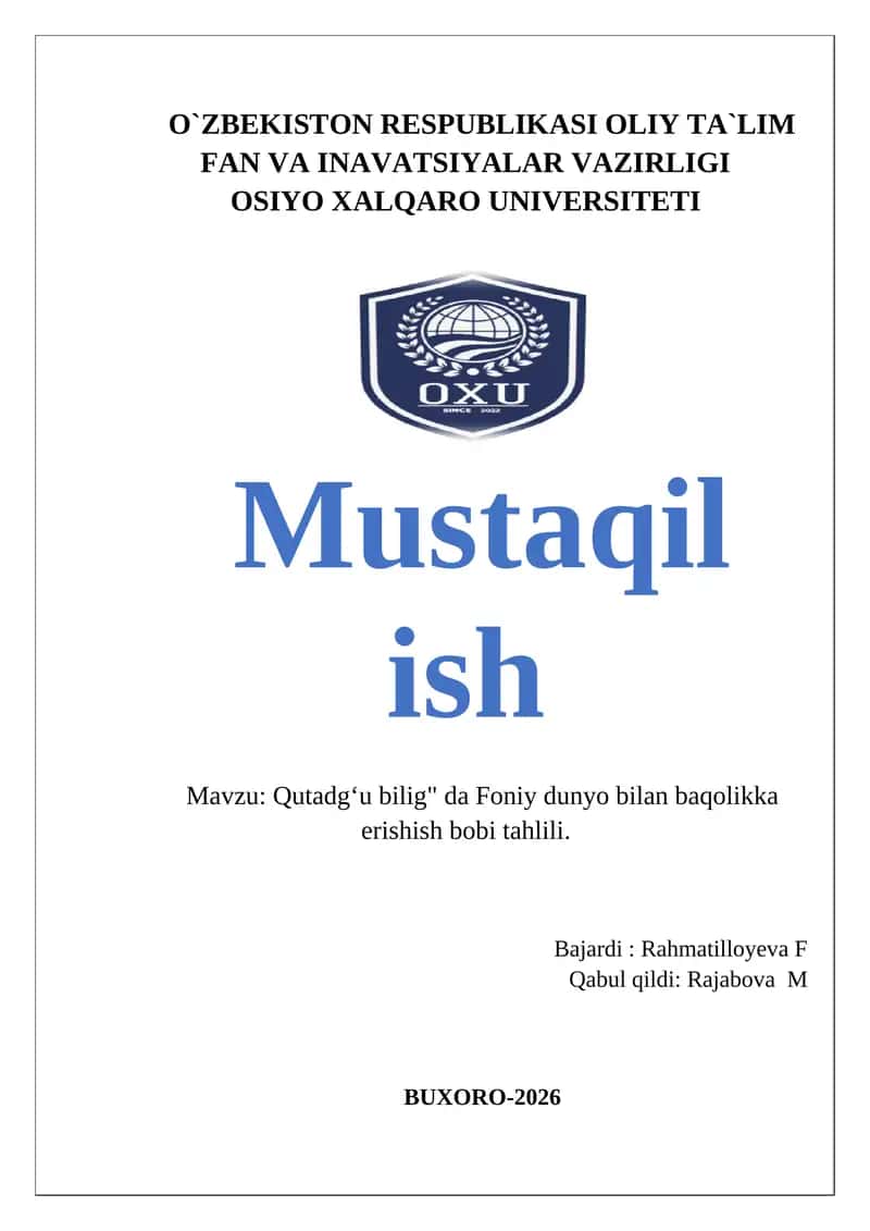 Qutadgʻu bilig" da Foniy dunyo bilan baqolikka erishish bobi tahlili 1