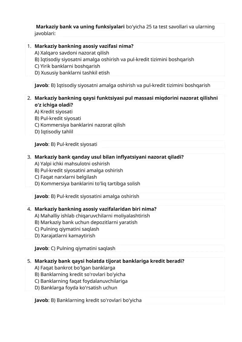 Markaziy bank va uning funksiyalari test savollari 1