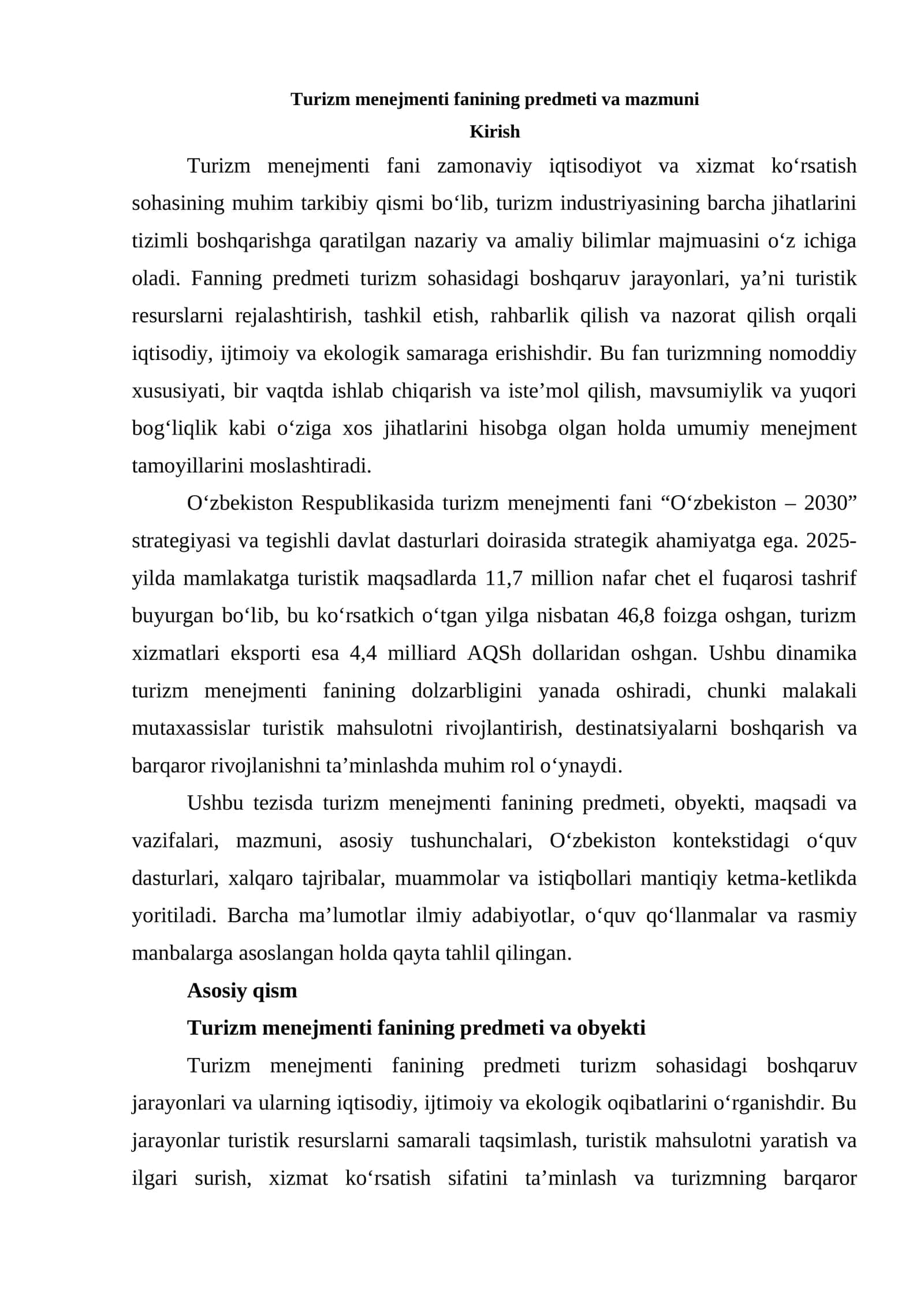Turizm menejmenti fanining predmeti va mazmuni 1