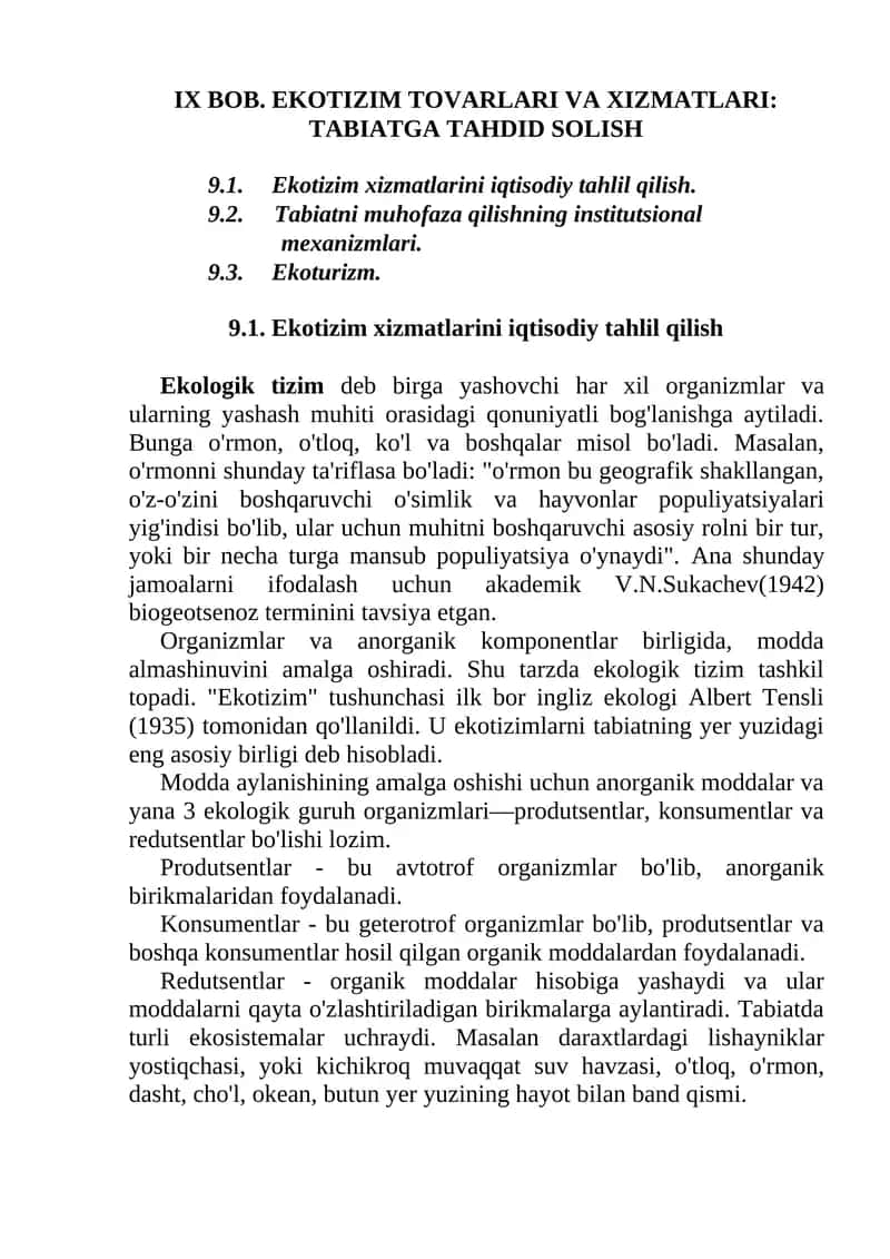 IX BOB. EKOTIZIM TOVARLARI VA XIZMATLARI: TABIATGA TAHDID SOLISH 1
