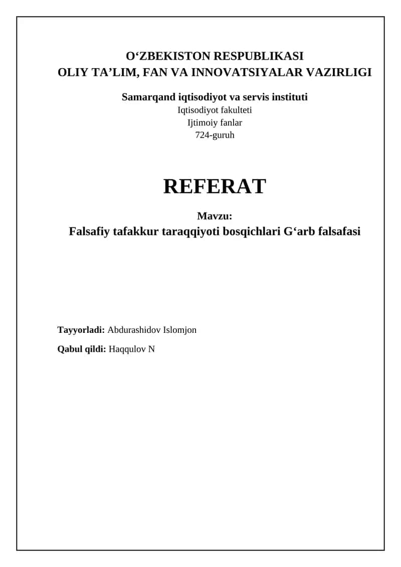 Falsafiy tafakkur taraqqiyoti bosqichlari Gʻarb falsafasi 1