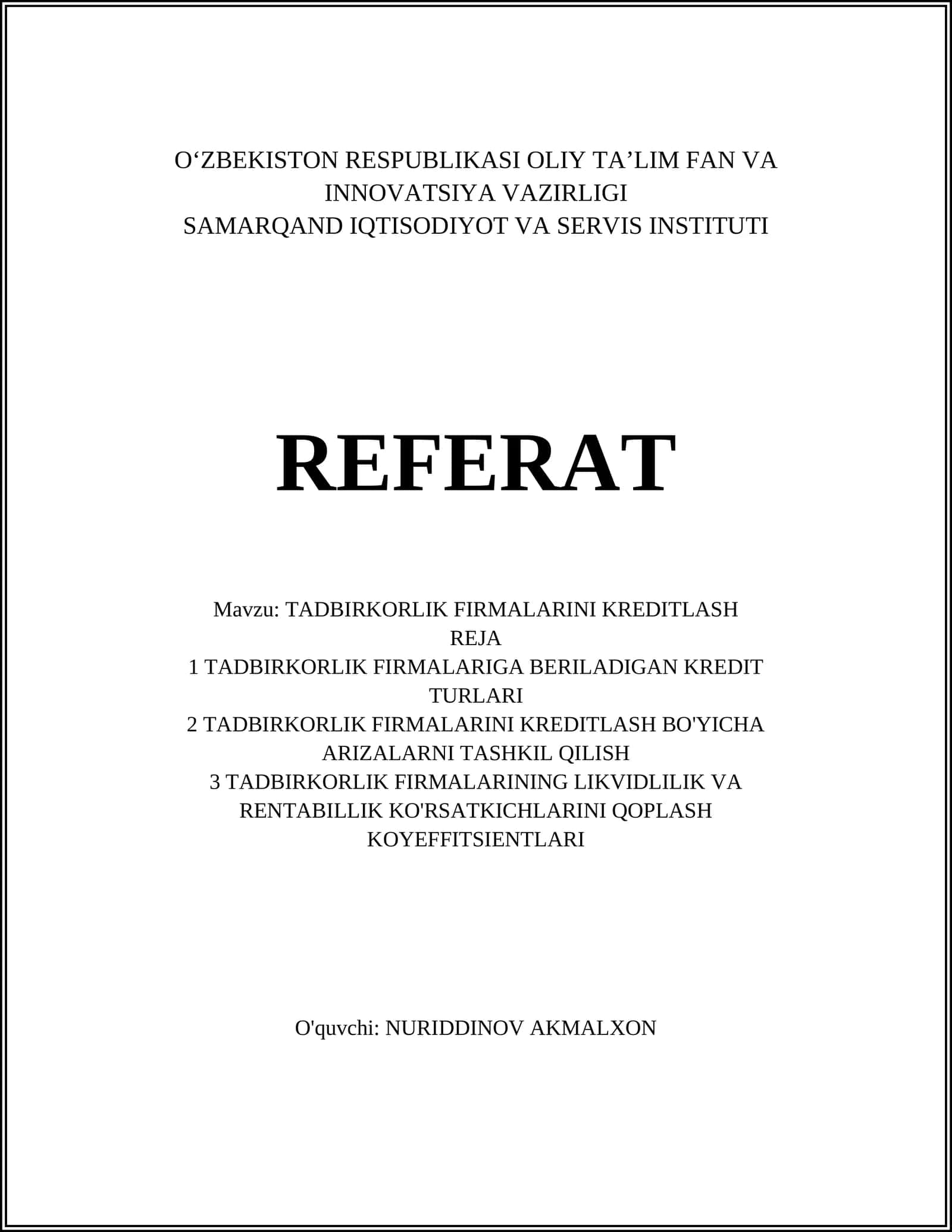 TADBIRKORLIK FIRMALARINI KREDITLASH 1