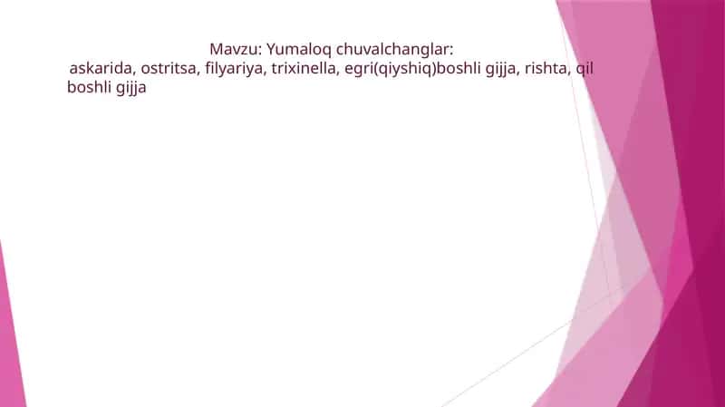 Yumaloq chuvalchanglar:askarida, ostritsa, filyariya, trixinella, egri(qiyshiq)boshli gijja, rishta, qil boshli gijja 1
