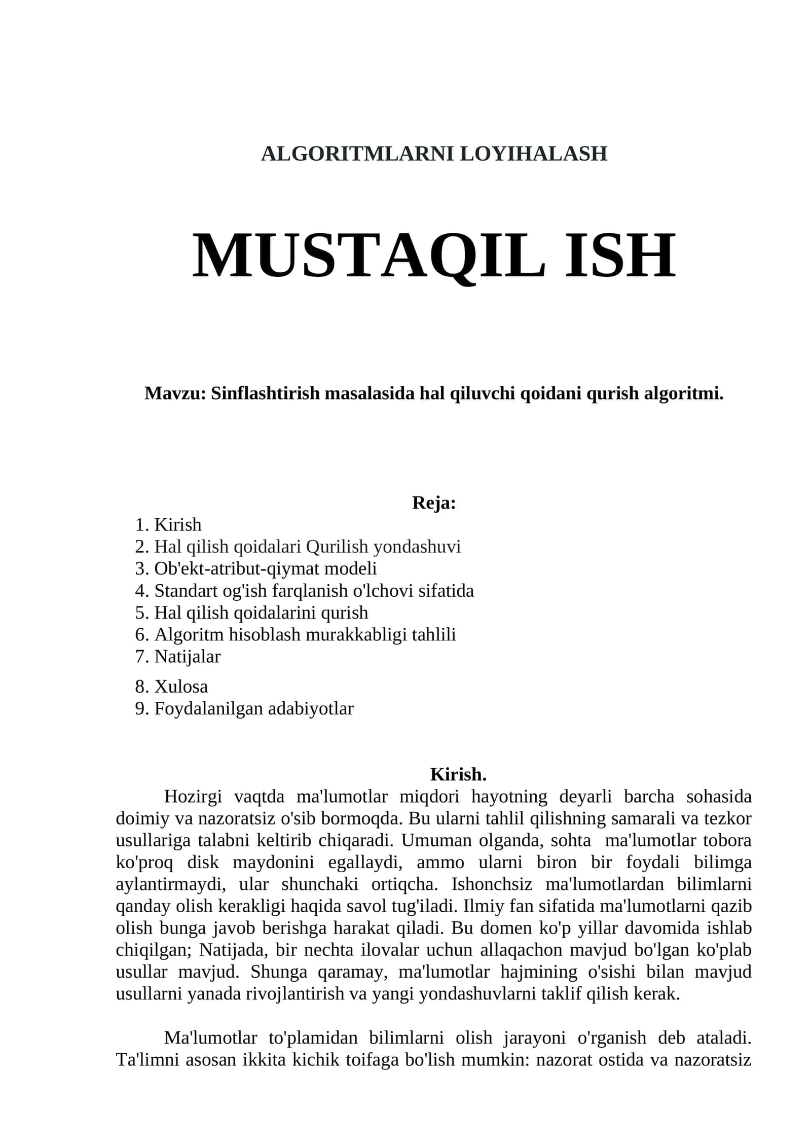 Sinflashtirish masalasida hal qiluvchi qoidani qurish algoritmi. 1