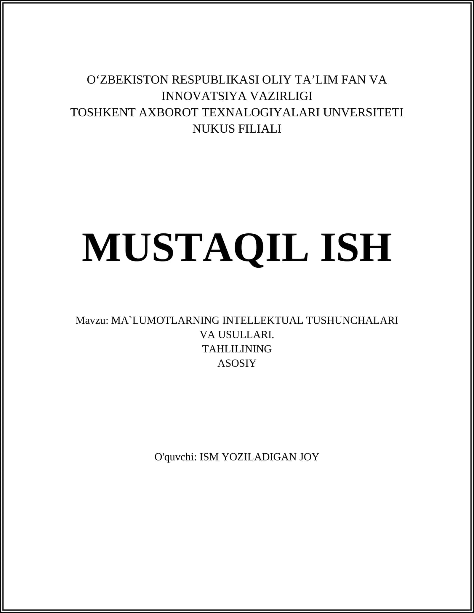 MA`LUMOTLARNING INTELLEKTUAL TUSHUNCHALARI VA USULLARI. TAHLILINING ASOSIY 1