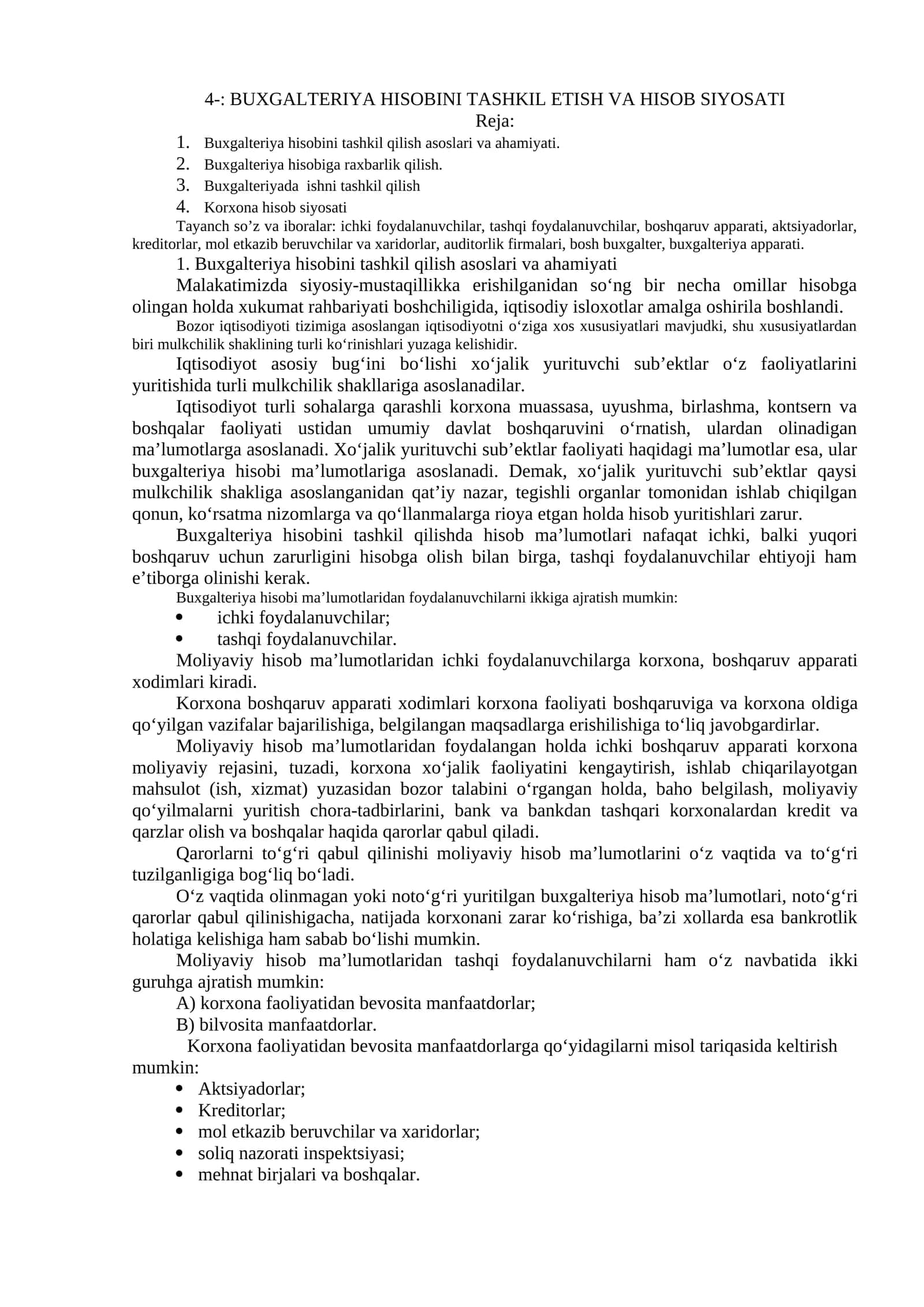 BUXGALTERIYA HISOBINI TASHKIL ETISH VA HISOB SIYOSATI 1