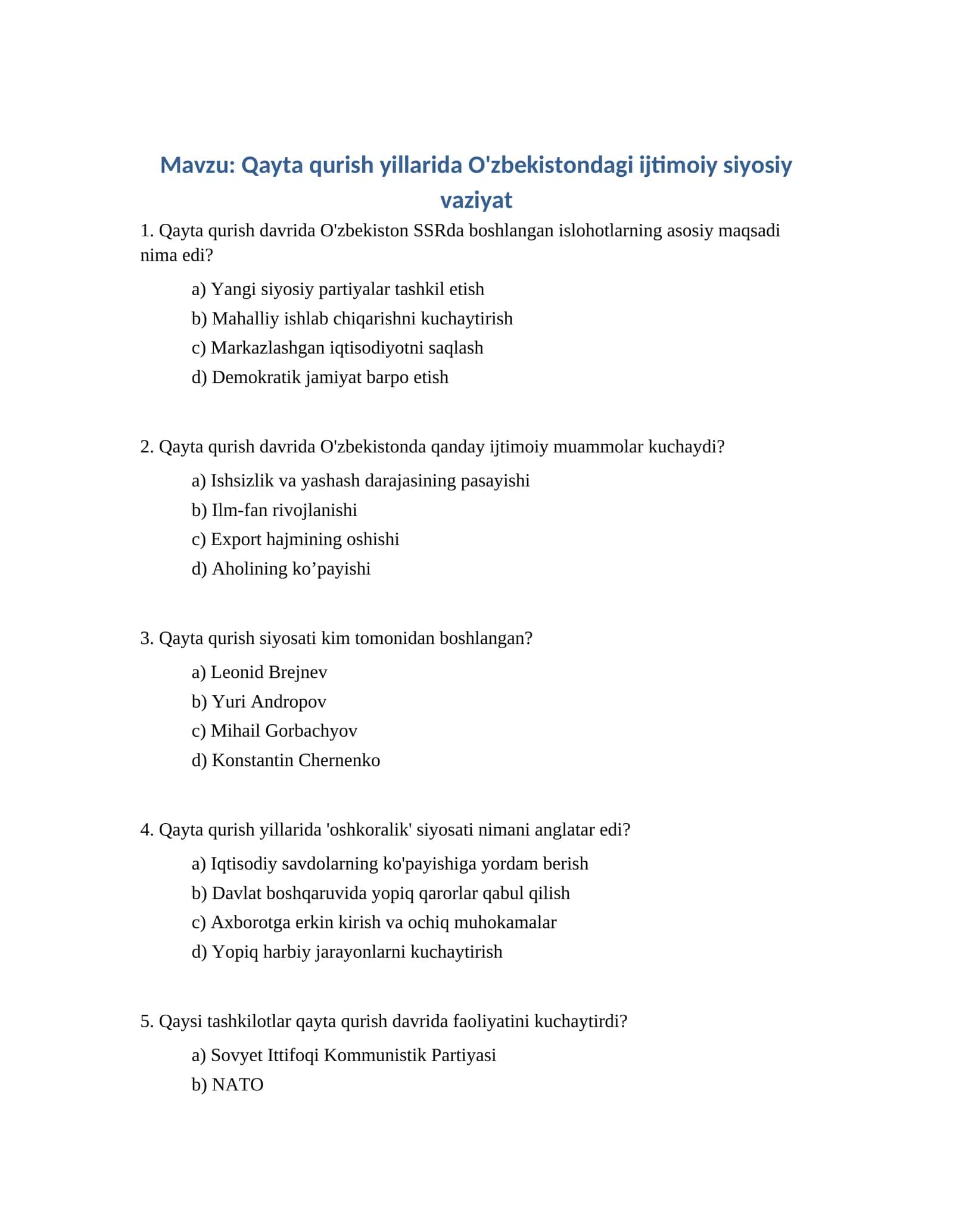 Qayta qurish yillarida O'zbekistondagi ijtimoiy siyosiy vaziyat 1