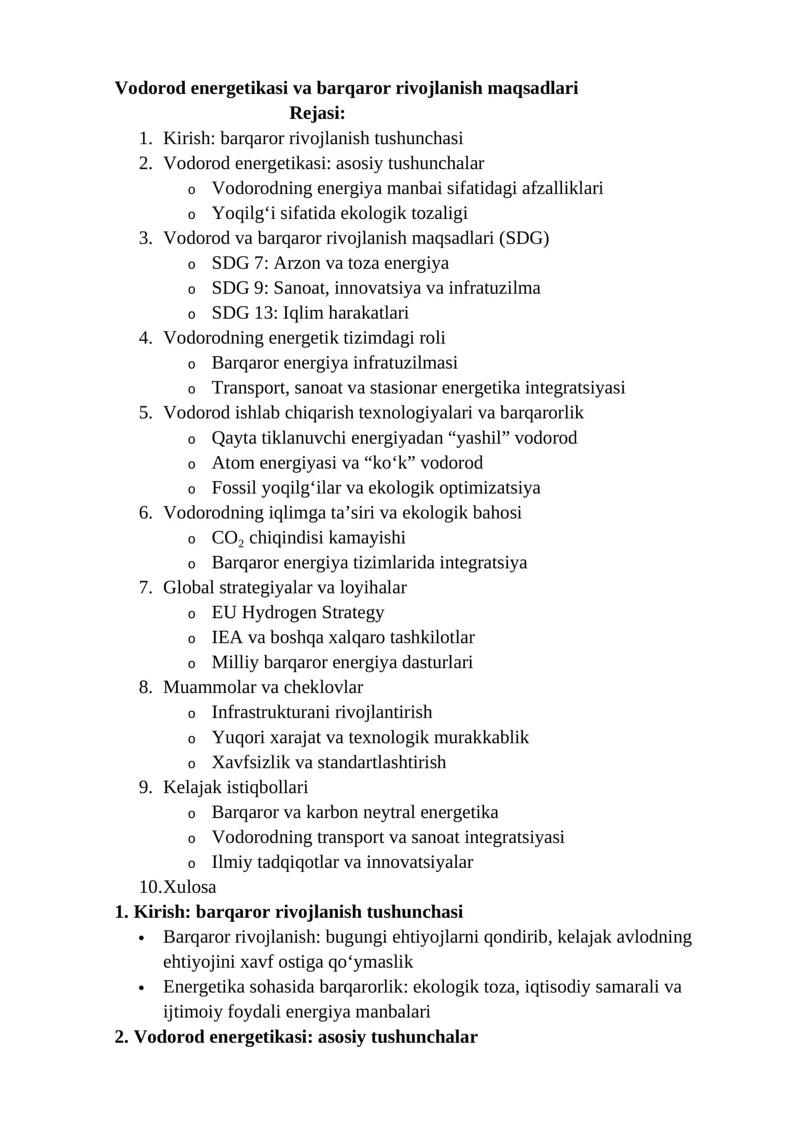 Vodorod energetikasi va barqaror rivojlanish maqsadlari 1