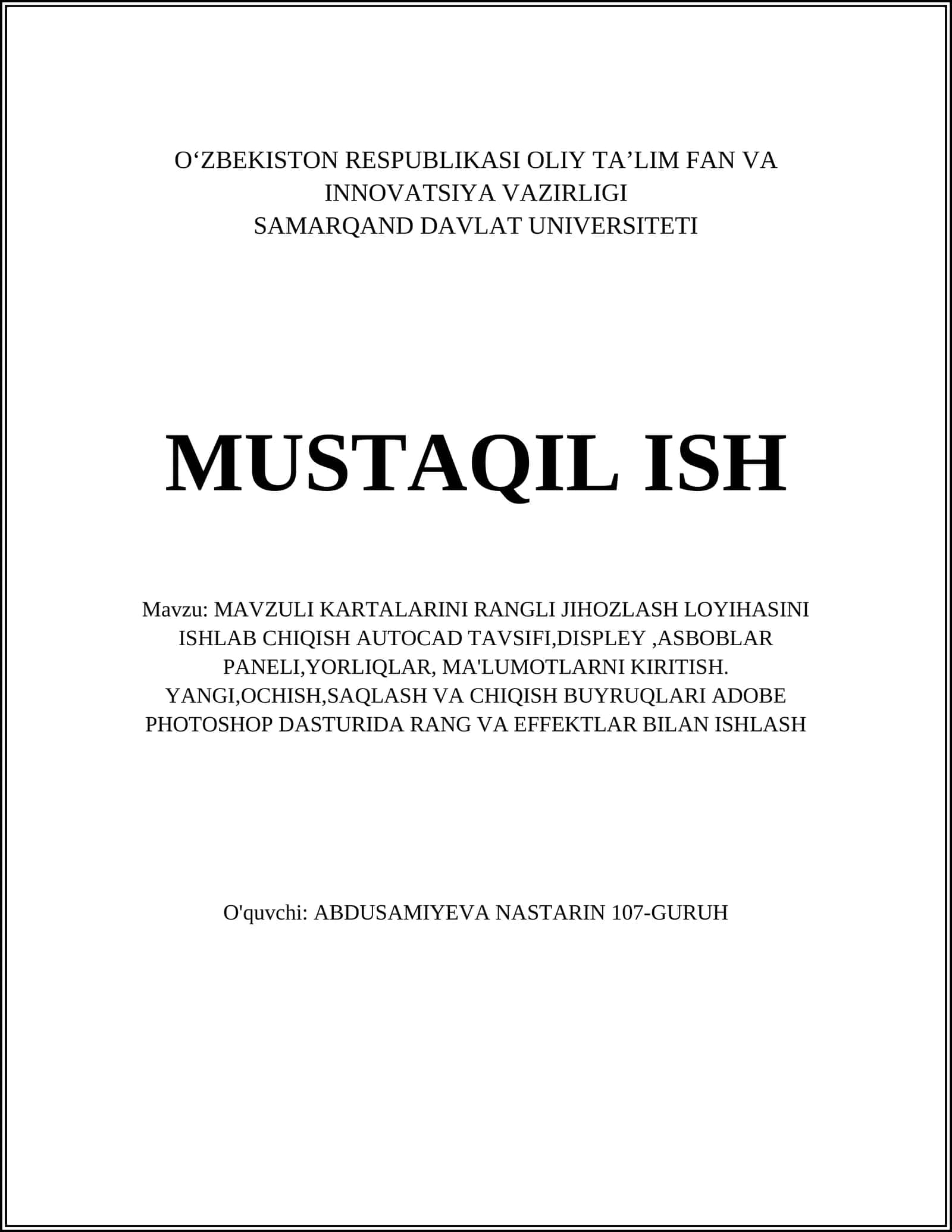 MAVZULI KARTALARINI RANGLI JIHOZLASH LOYIHASINI ISHLAB CHIQISH AUTOCAD TAVSIFI 1