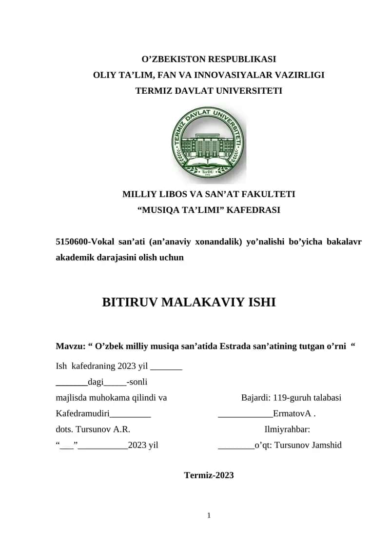 Vokal san’ati (an’anaviy xonandalik) yo’nalishi bo’yicha bakalavr akademik darajasini olish uchun 1