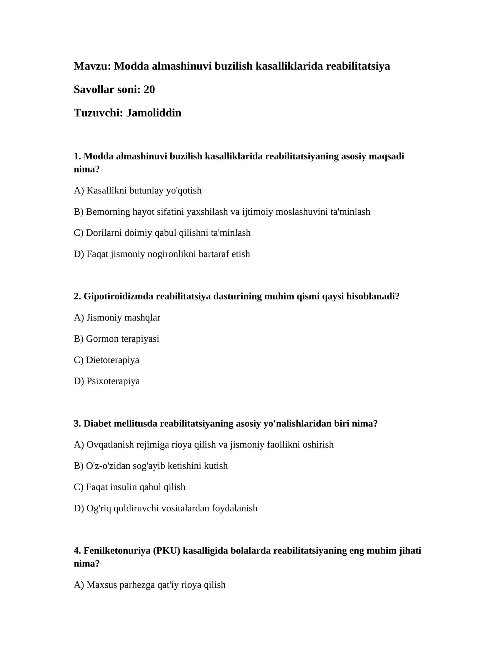 Modda almashinuvi buzilish kasalliklarida reabilitatsiya 1