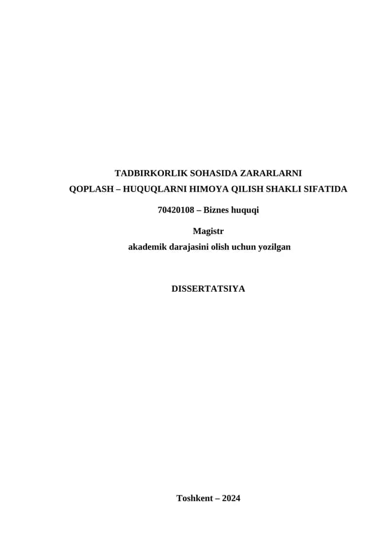 TADBIRKORLIK SOHASIDA ZARARLARNI QOPLASH – HUQUQLARNI HIMOYA QILISH SHAKLI SIFATIDA 1