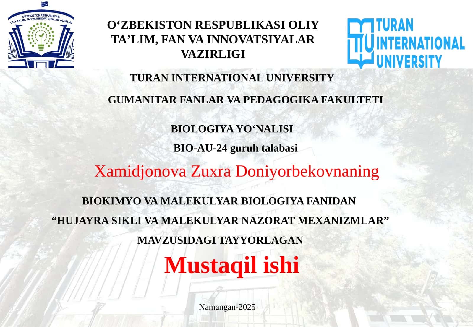 Hujayra sikli va malekulyar nazorat mexanizmlari 1