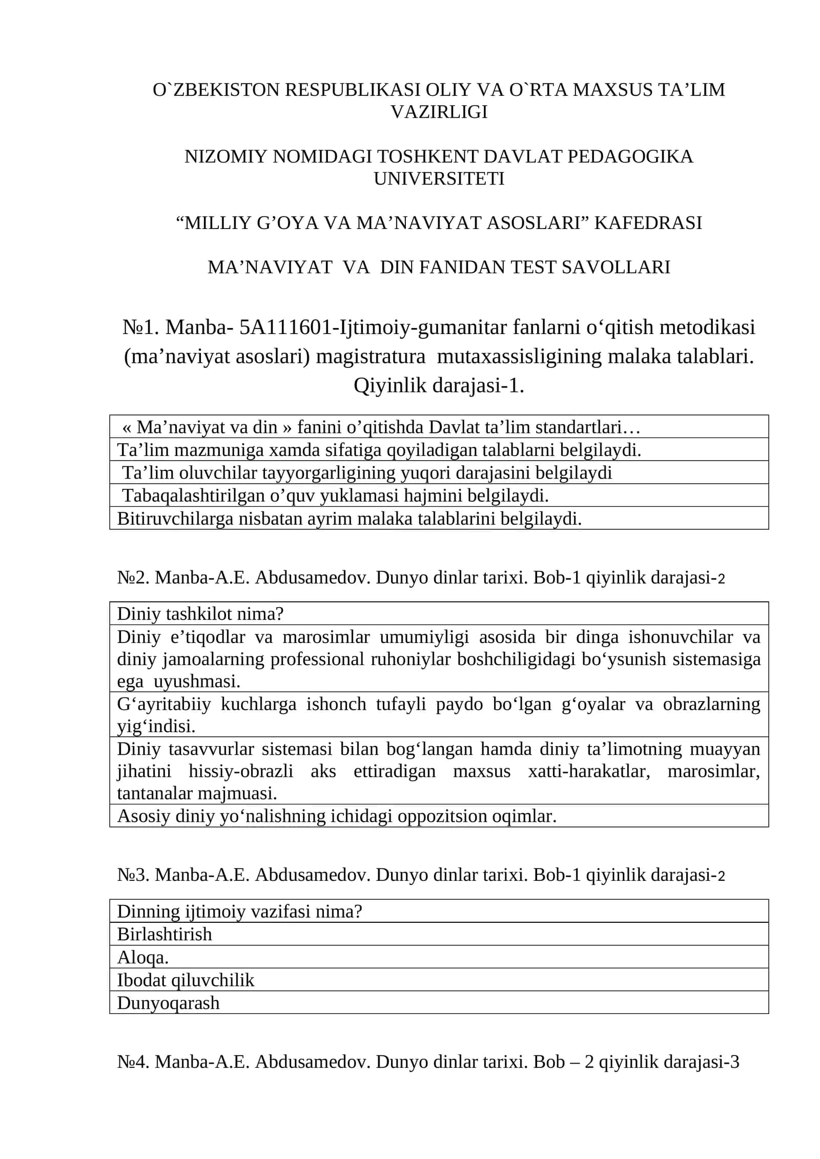 MA’NAVIYAT VA DIN FANIDAN TEST SAVOLLARI 1