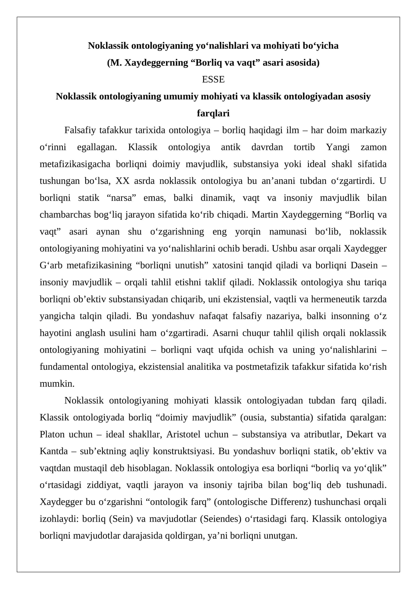 Noklassik ontologiyaning yo‘nalishlari va mohiyati bo‘yicha esse 1