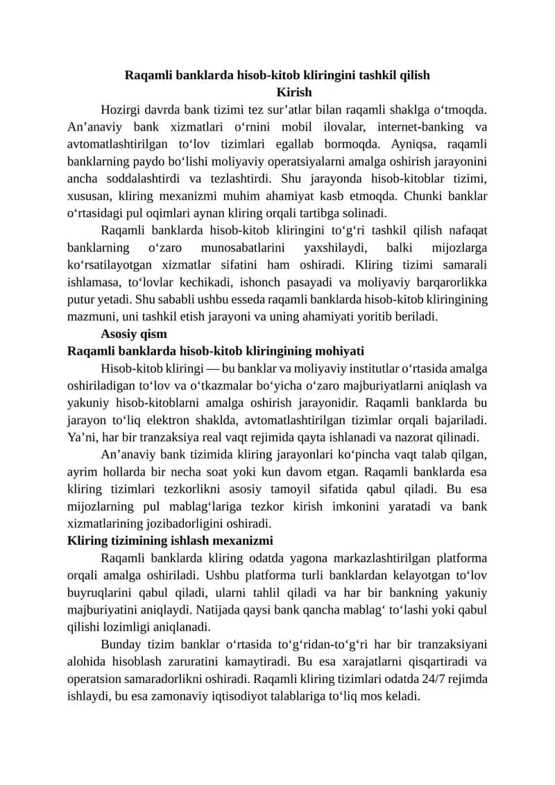 Raqamli banklarda hisob-kitob kliringini tashkil qilish 1