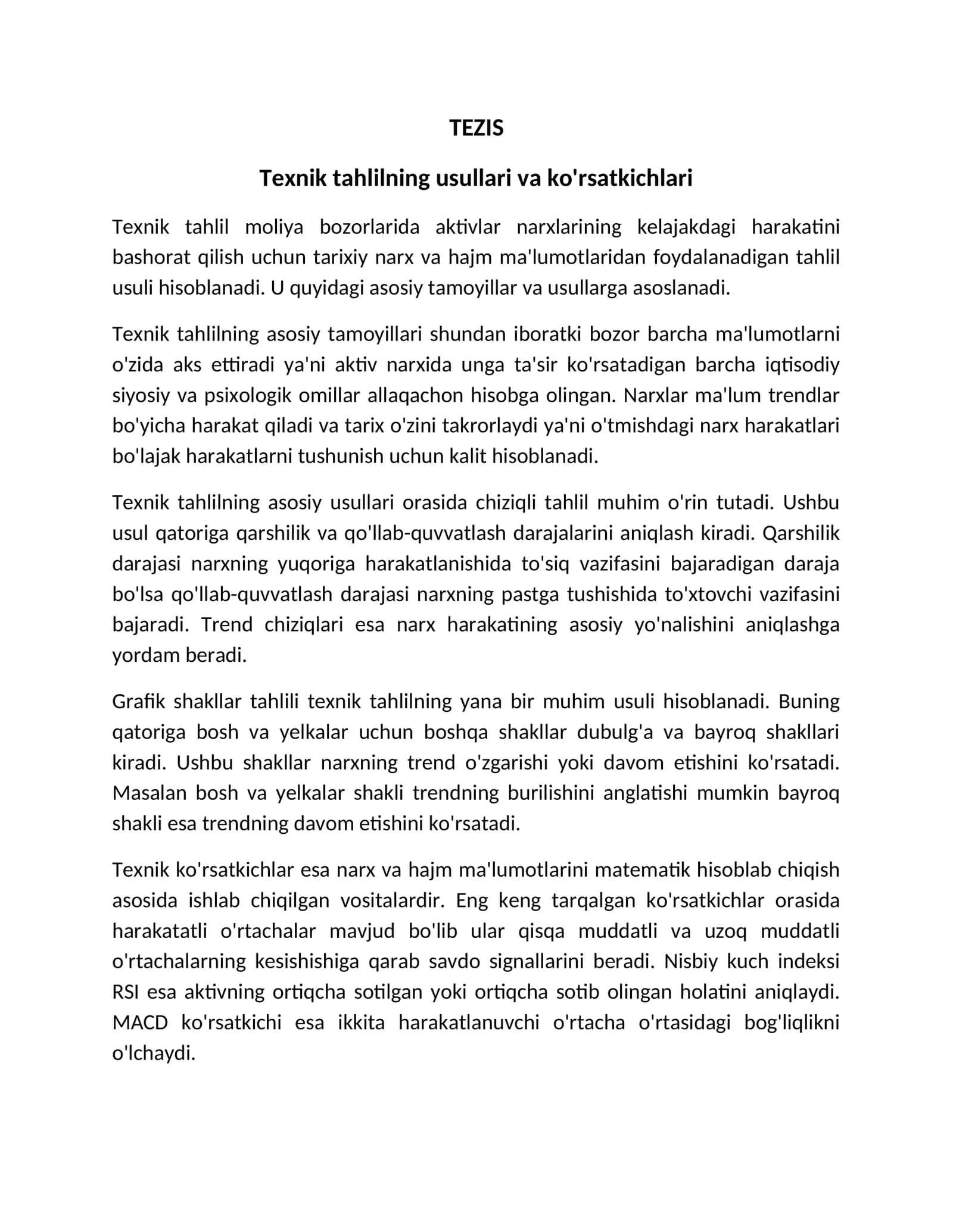 Texnik tahlilning usullari va ko'rsatkichlari 1