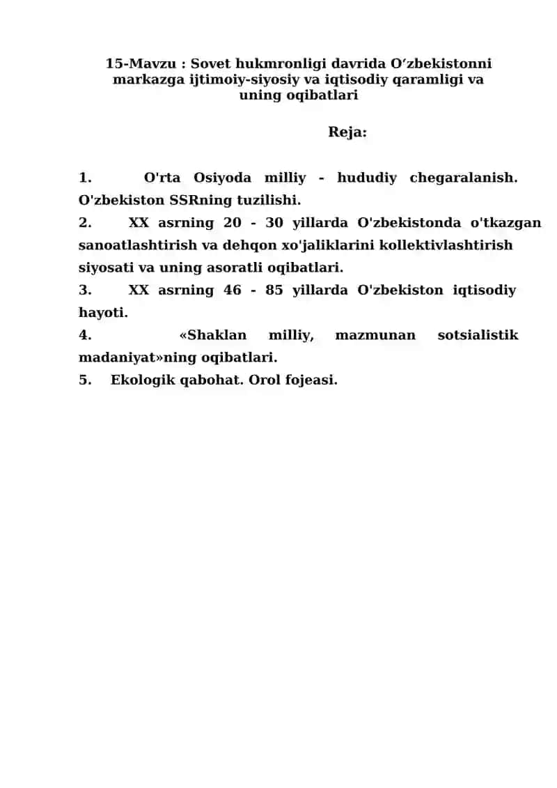 Sovetlar davrida oʻzbekistonning maqsadi ijtimoiy-siyosiy va iqtisodiy qaramlik