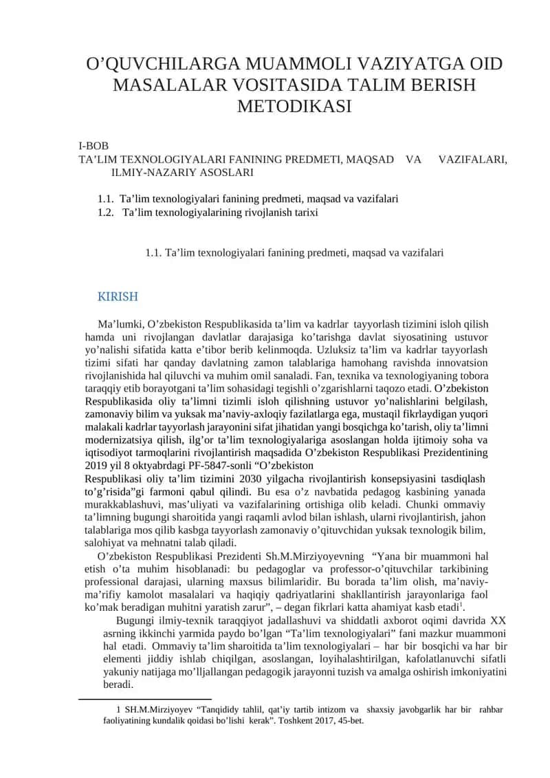 O'QUVCHILARGA MUAMMOLI VAZIYATGA OID MASALALAR VOSITASIDA TALIM BERISH METODIKASI 1