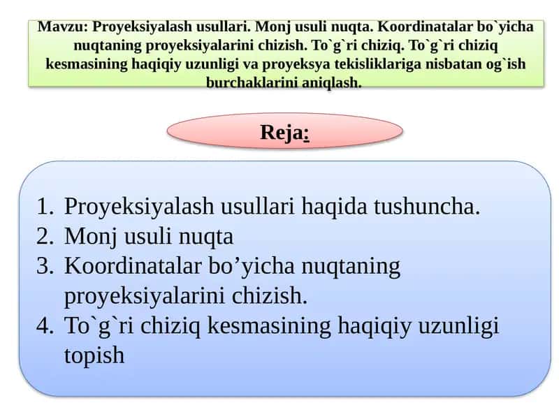 Proyeksiyalash usullari. Monj usuli nuqta. Koordinatalar bo`yicha nuqtaning proyeksiyalarini chizish. To`g`ri chiziq. 1