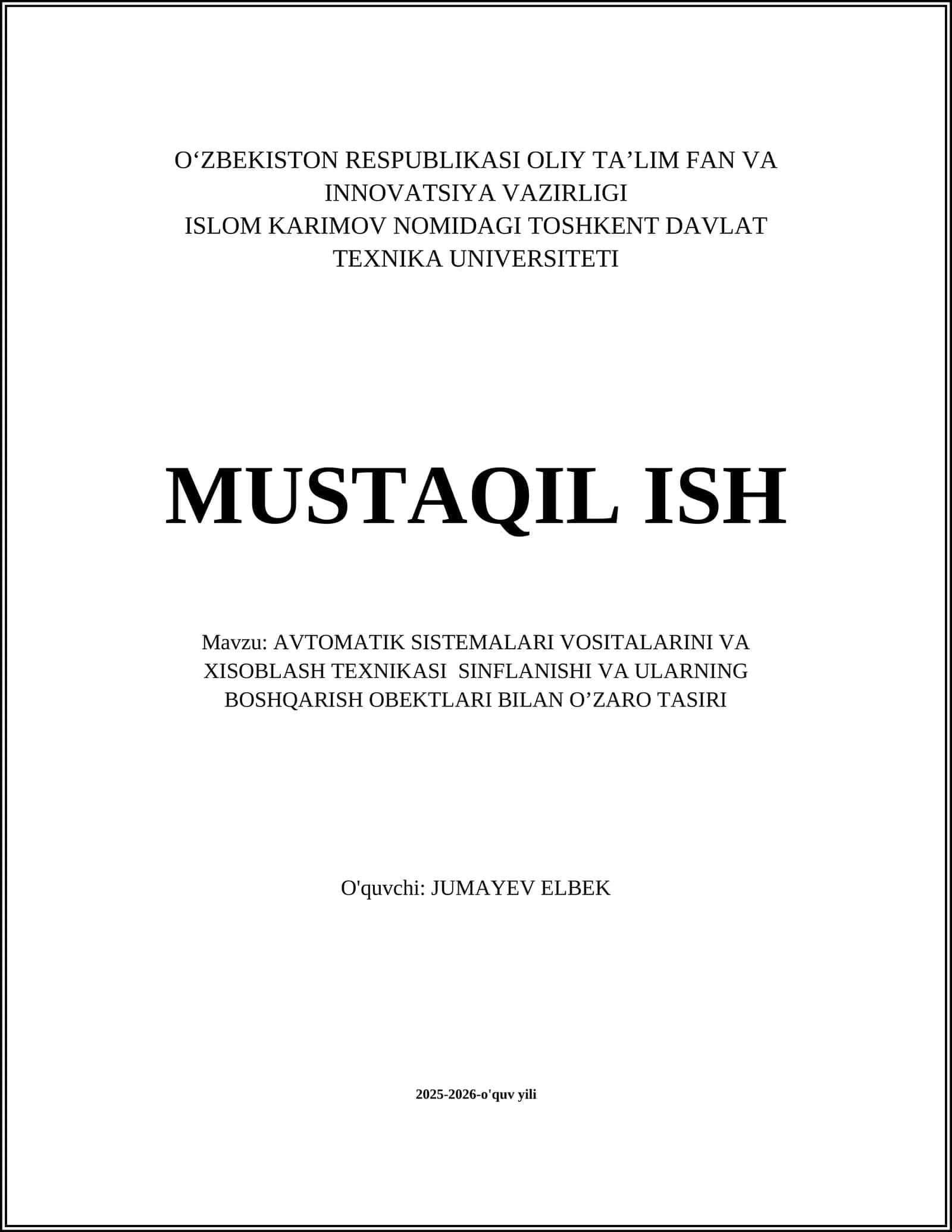 AVTOMATIK SISTEMALARI VOSITALARINI VA XISOBLASH TEXNIKASI SINFLANISHI 1