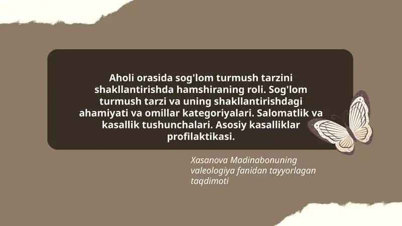 Xasanova Madinabonuning valeologiya fanidan tayyorlagan taqdimoti 1