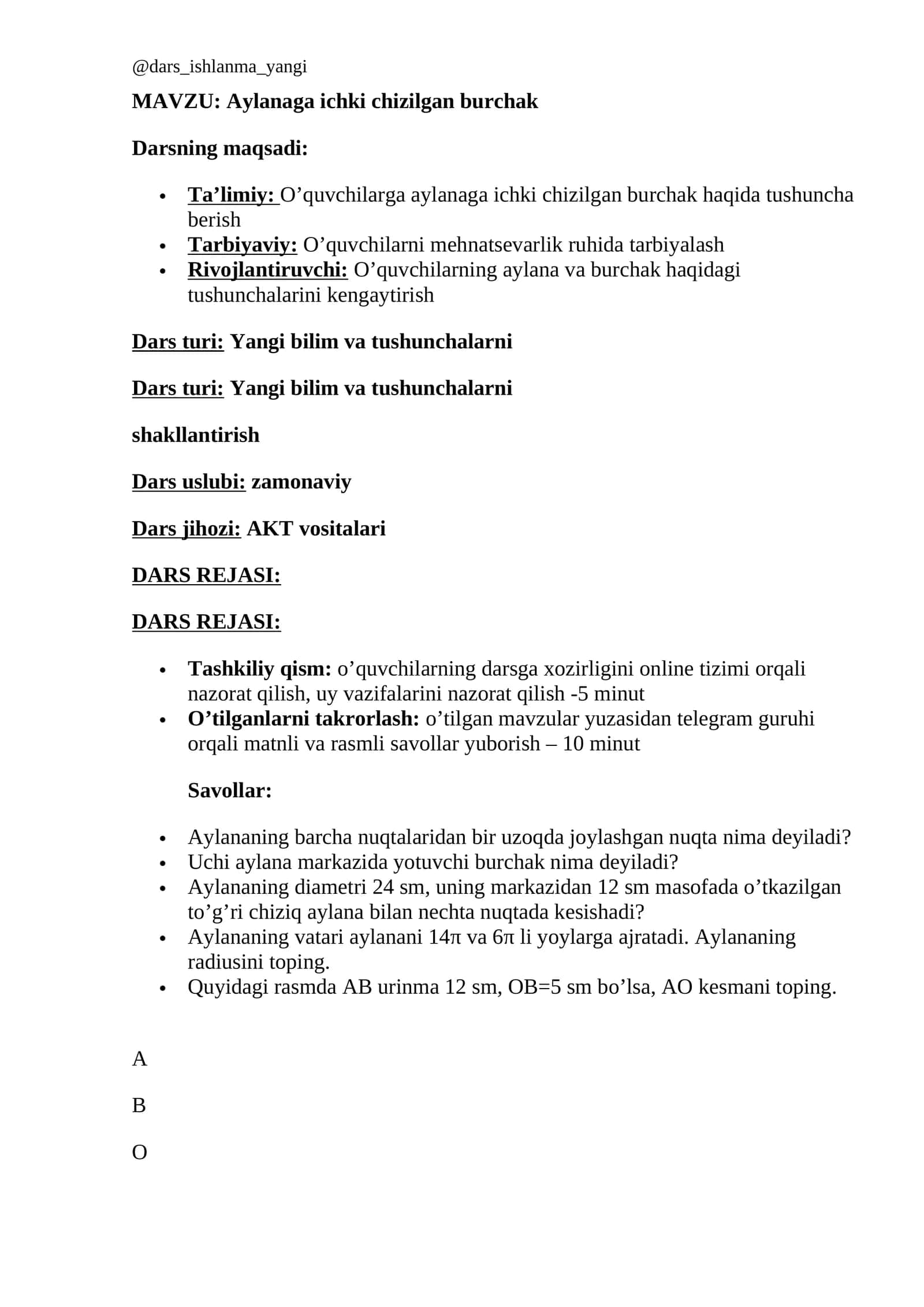 Aylanaga ichki chizilgan burchak 1