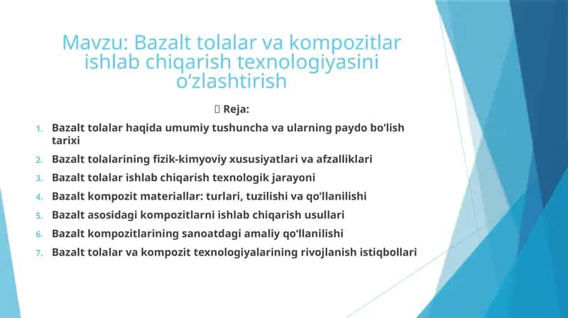 Bazalttolalar va kompozitlar ishlab chiqarish texnologiyasi 1