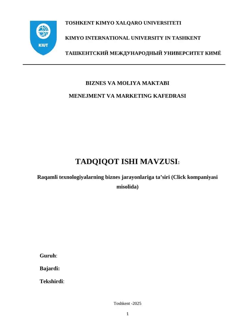 TADQIQOT ISHI. Raqamli texnologiyalarning biznes jarayonlariga ta'siri 1