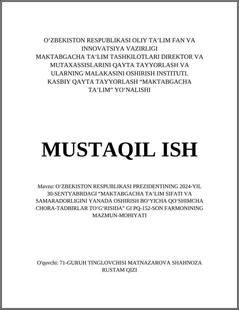 O'ZBEKISTON RESPUBLIKASI PREZIDENTINING 2024-YIL 30-SENTYABRDAGI MAKTABGACHA TA'LIM SIFATI 1