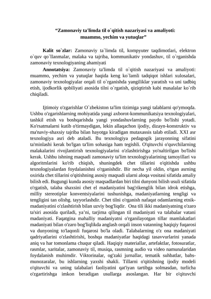 MAQOLA Zamonaviy ta'limda til o`qitish nazariyasi va amaliyoti muammo, yechim va yutuqlar 1