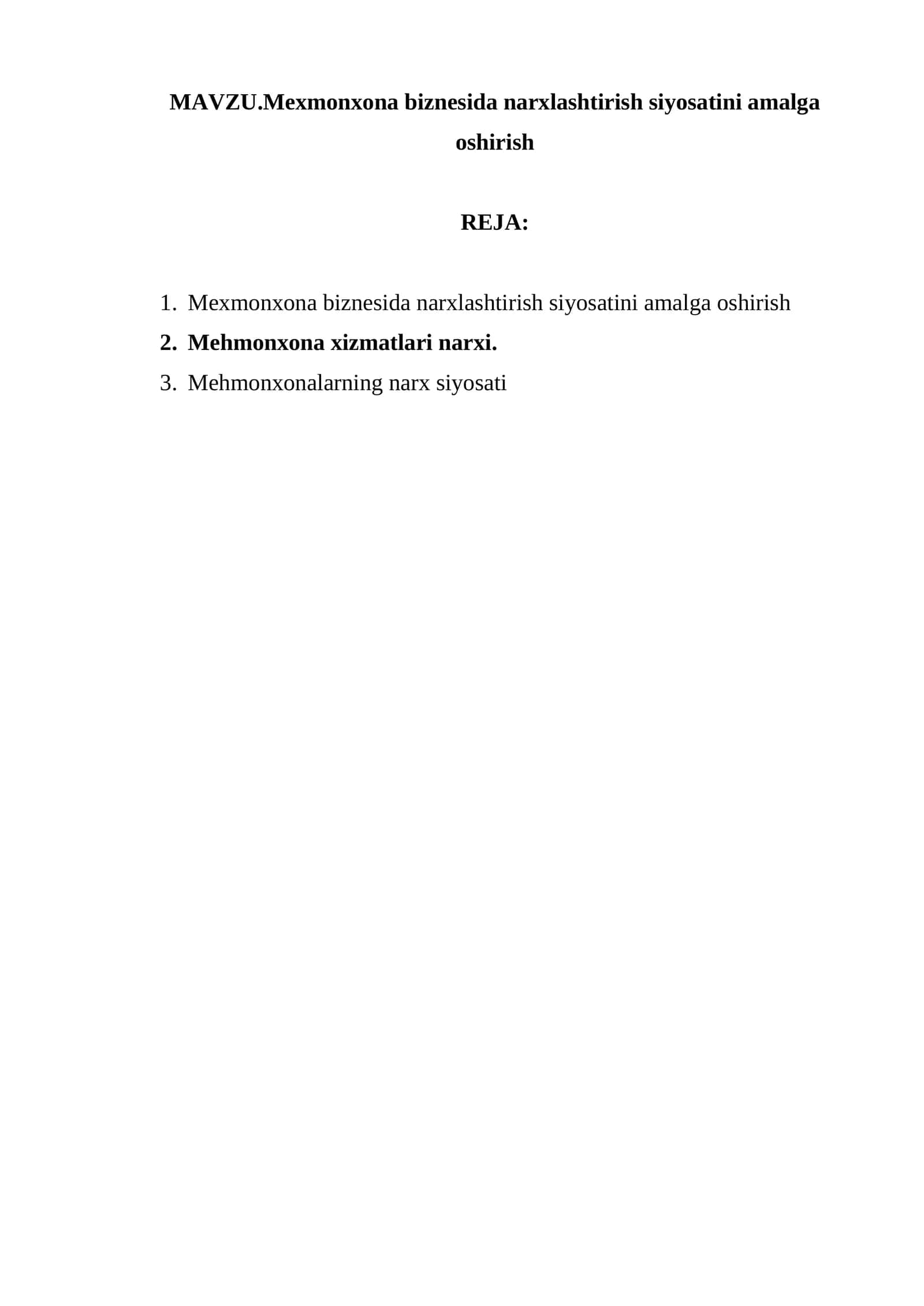 Mehmonxona biznesida narxlashtirish siyosatini amalga oshirish 1