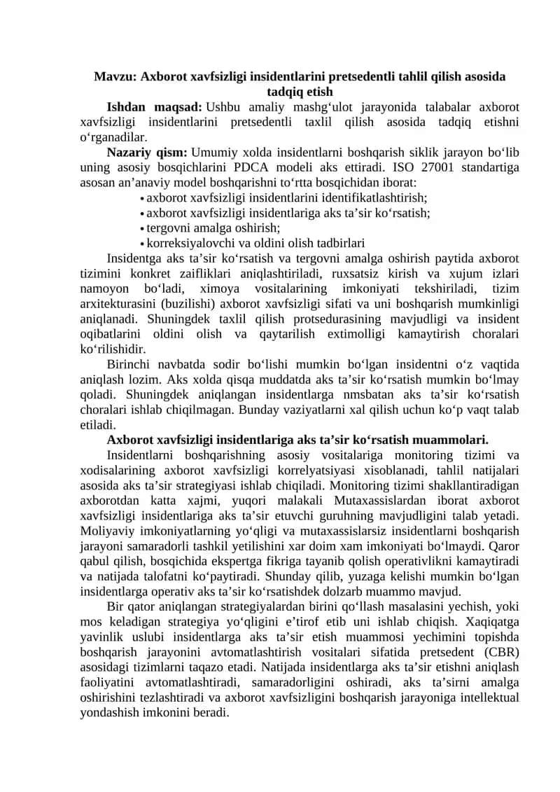 Axborot xavfsizligi insidentlarini pretsedentli tahlil qilish asosida tadqiq etish 1