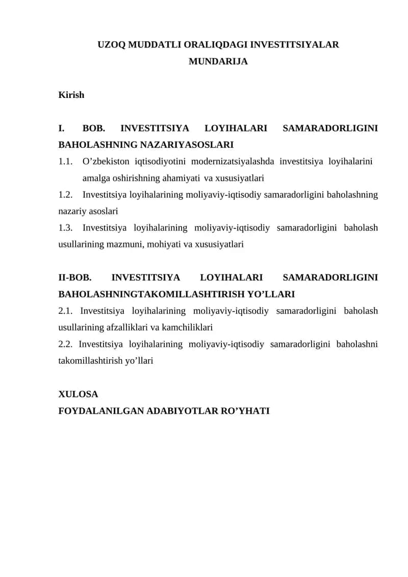Investitsiya loyihalarini amalga oshirishning ahamiyati 1