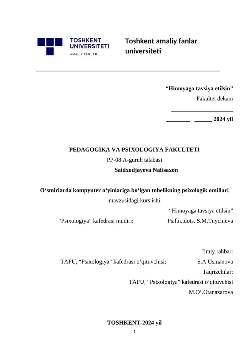 Oʻsmirlarda kompyuter oʻyinlariga boʻlgan tobelikning psixologik omillari 1