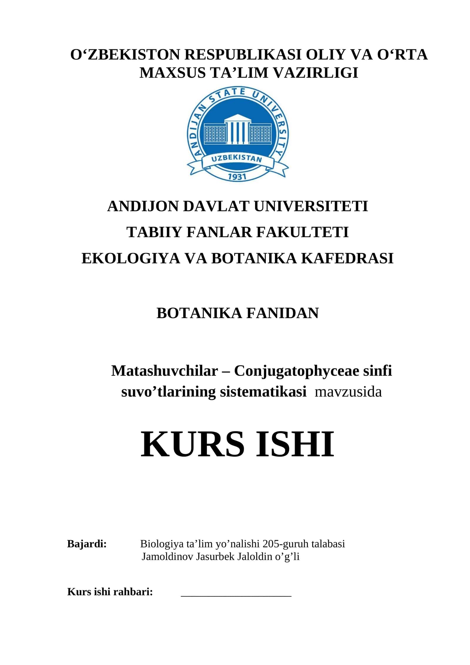 Matashuvchilar – Conjugatophyceae sinfi suvo’tlarining sistematikasi mavzusida KURS ISHI 1