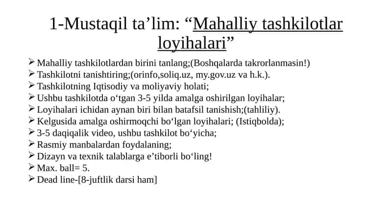 Mustaqilta’lim: “Mahalliy tashkilotlar loyihalari” 1