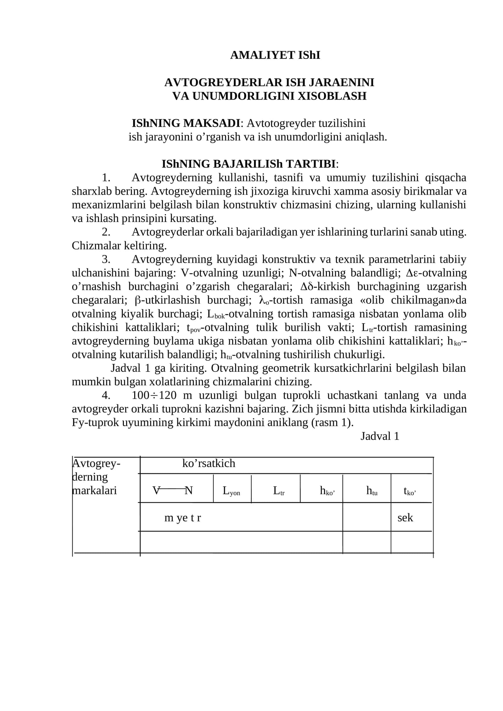AVTOGREYDERLAR ISH JARAENINI VA UNUMDORLIGINI XISOBLASH 1