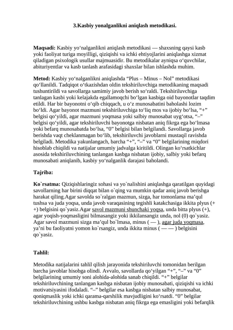 Kasbiy yonalganlikni aniqlash metodikasi 1
