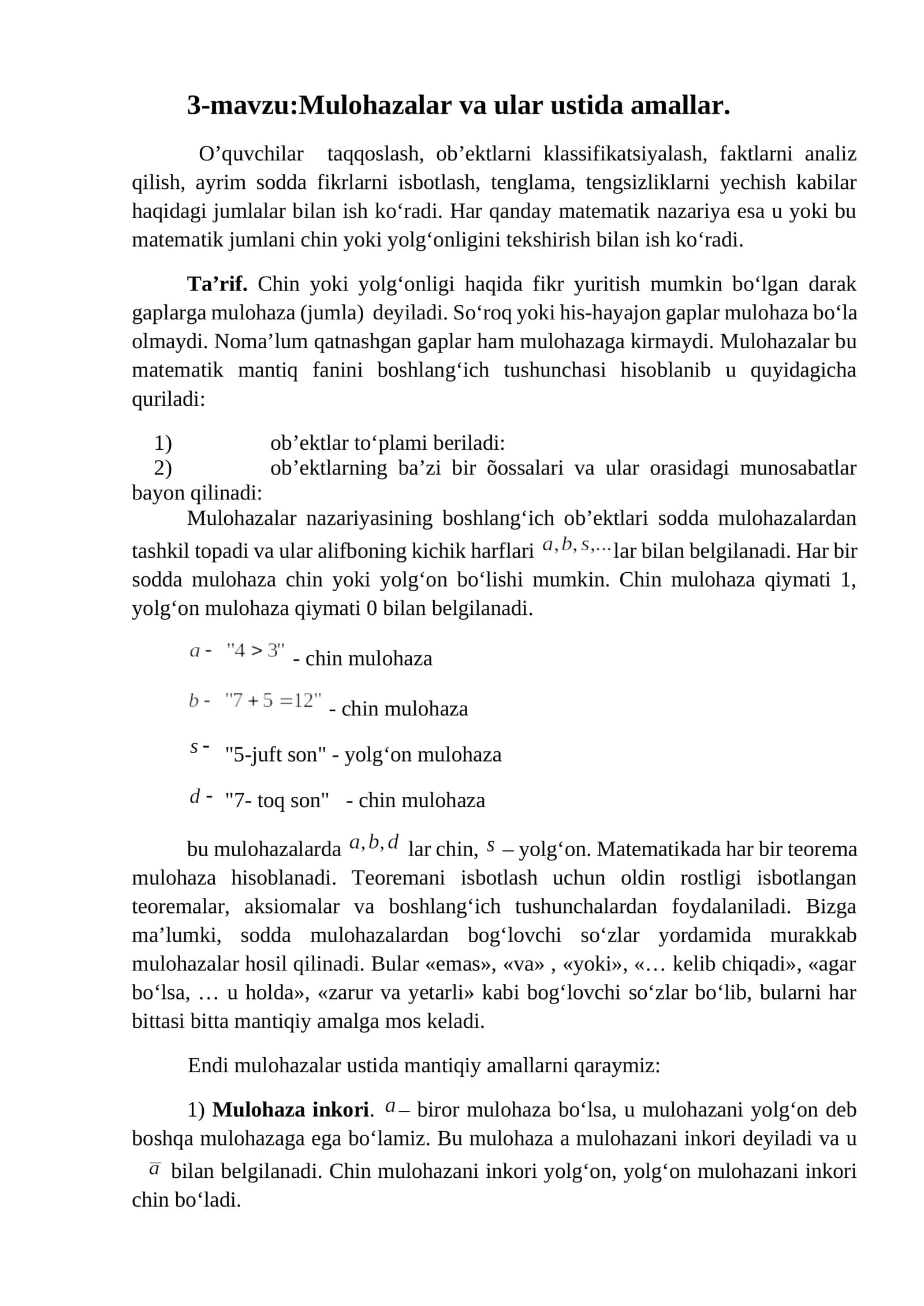 Mulohazalar va ular ustida amallar 1