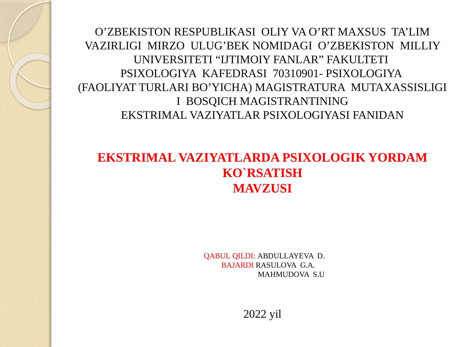 EKSTRIMAL VAZIYATLARDA PSIXOLOGIK YORDAM KO`RSATISH 1