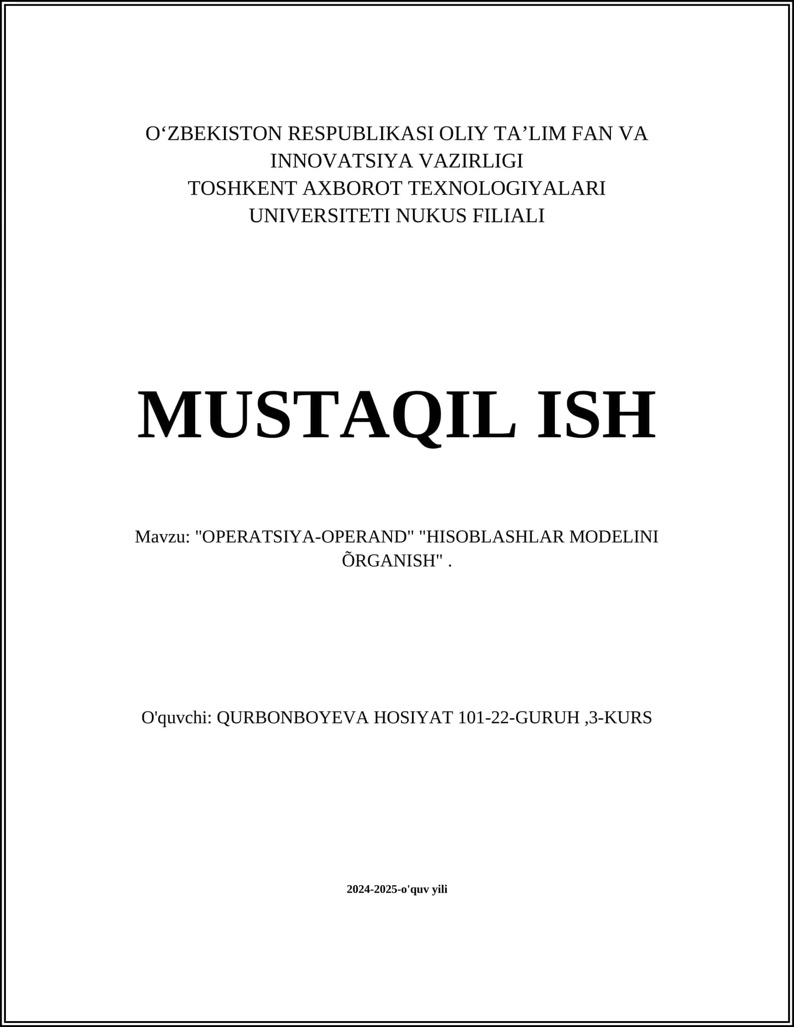 "OPERATSIYA-OPERAND" "HISOBLASHLAR MODELINI ÕRGANISH" 1