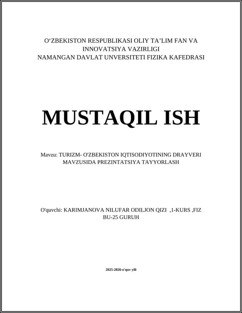 TURIZM- O'ZBEKISTON IQTISODIYOTINING DRAYVERI MAVZUSIDA PREZINTATSIYA TAYYORLASH 1