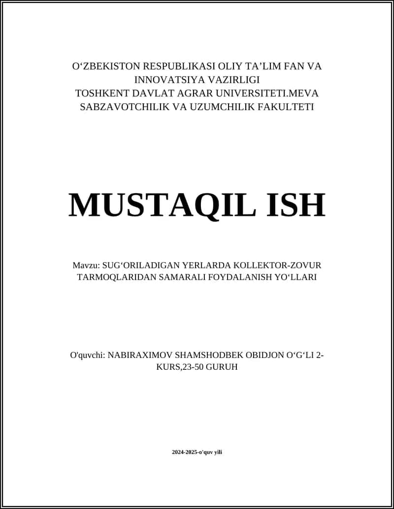 SUGʻORILADIGAN YERLARDA KOLLEKTOR-ZOVUR TARMOQLARIDAN SAMARALI FOYDALANISH YOʻLLARI 1